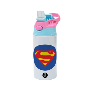 Superman, Children's hot water bottle, stainless steel, with safety straw, Pink/BlueCiel (360ml) BPA FREE