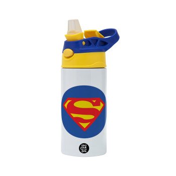 Superman, Children's hot water bottle, stainless steel, with safety straw, green, blue (360ml) BPA FREE