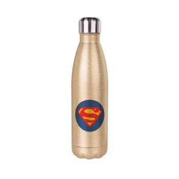 Superman, Μεταλλικό παγούρι θερμός Glitter χρυσό (Stainless steel), διπλού τοιχώματος, 500ml