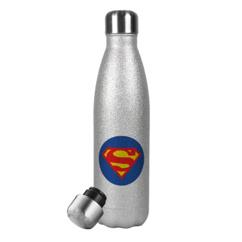 Superman, Μεταλλικό παγούρι θερμός Glitter Aσημένιο (Stainless steel), διπλού τοιχώματος, 500ml