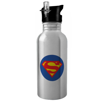 Superman, Παγούρι νερού Ασημένιο με καλαμάκι, ανοξείδωτο ατσάλι 600ml