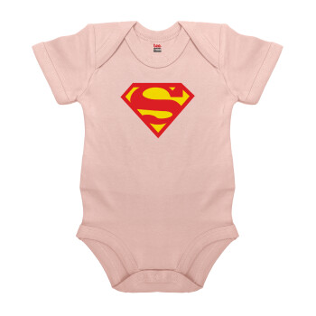 Superman, Βρεφικό φορμάκι μωρού, 0-18 μηνών, ΡΟΖ POWDER, 100% Organic Cotton, κοντομάνικο