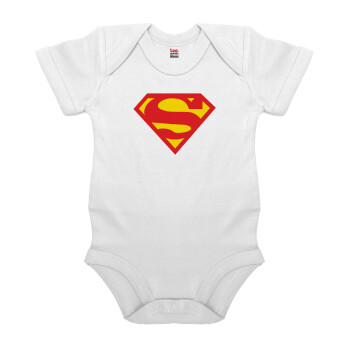 Superman, Βρεφικό φορμάκι μωρού, 0-24 μηνών, ΛΕΥΚΟ, 100% Organic Cotton, κοντομάνικο