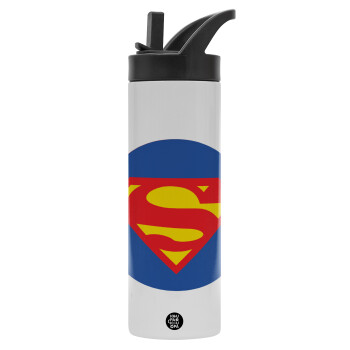 Superman, Μεταλλικό παγούρι θερμός με καλαμάκι & χειρολαβή, ανοξείδωτο ατσάλι (Stainless steel 304), διπλού τοιχώματος, 600ml
