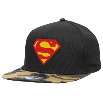 Superman, Adult Flat Snapback Hat Black/Camouflage, (100% COTTON TWILL, ADULT, UNISEX, ONE SIZE)