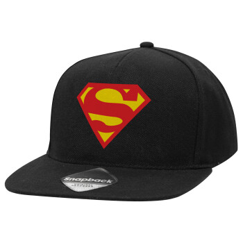 Superman, Adult Flat Snapback Hat Black, (100% COTTON TWILL, ADULT, UNISEX, ONE SIZE)