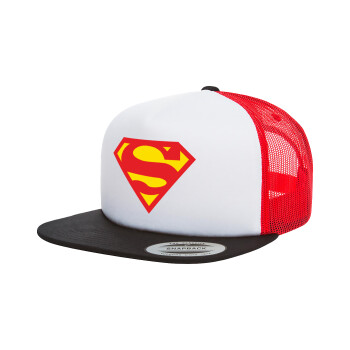 Superman, Adult Foam Flat Snapback with Mesh Black-White-Red (POLYESTER, ADULT, UNISEX, ONE SIZE)