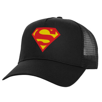 Superman, Structured Trucker Adult Hat, with Mesh, Black (100% COTTON, ADULT, UNISEX, ONE SIZE)