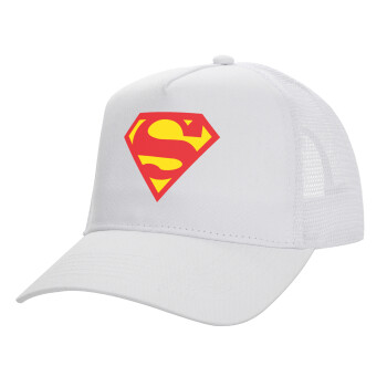 Superman, Structured Trucker Adult Hat, with Mesh, WHITE (100% COTTON, ADULT, UNISEX, ONE SIZE)