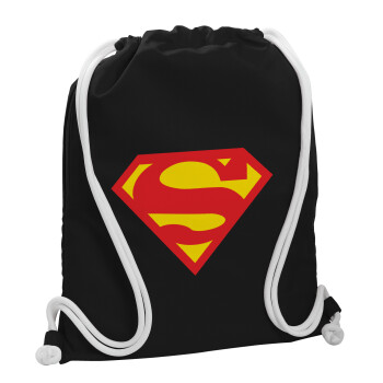 Superman, Backpack pouch GYMBAG Black, with pocket (40x48cm) & thick white cords