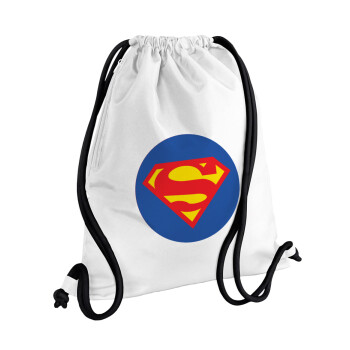 Superman, Τσάντα πλάτης πουγκί GYMBAG λευκή, με τσέπη (40x48cm) & χονδρά κορδόνια