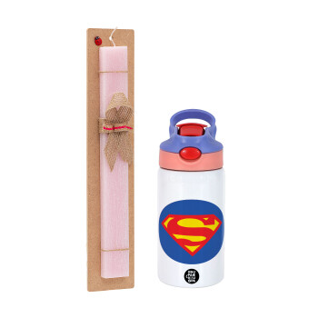 Superman, Πασχαλινό Σετ, Παιδικό παγούρι θερμό, ανοξείδωτο, με καλαμάκι ασφαλείας, ροζ/μωβ (350ml) & πασχαλινή λαμπάδα αρωματική πλακέ (30cm) (ΡΟΖ)