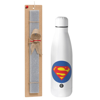 Superman, Πασχαλινό Σετ, μεταλλικό παγούρι Inox (700ml) & πασχαλινή λαμπάδα αρωματική πλακέ (30cm) (ΓΚΡΙ)