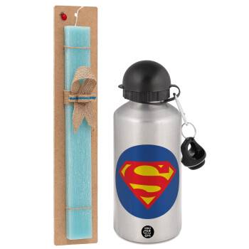 Superman, Easter Set, metallic silver aluminum water bottle (500ml) & scented flat Easter candle (30cm) (TURQUOISE)