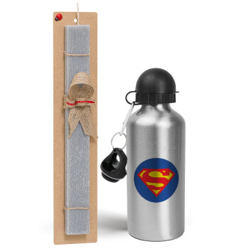 Superman, Πασχαλινό Σετ, παγούρι μεταλλικό Ασημένιο αλουμινίου (500ml) & πασχαλινή λαμπάδα αρωματική πλακέ (30cm) (ΓΚΡΙ)