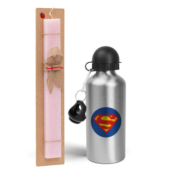 Superman, Πασχαλινό Σετ, παγούρι μεταλλικό Ασημένιο αλουμινίου (500ml) & πασχαλινή λαμπάδα αρωματική πλακέ (30cm) (ΡΟΖ)