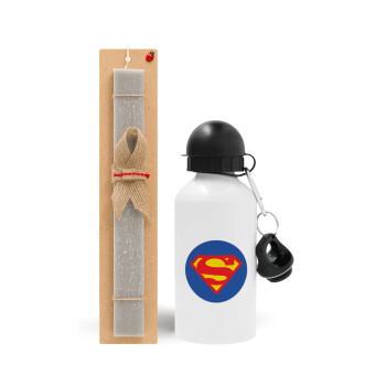 Superman, Πασχαλινό Σετ, παγούρι μεταλλικό  αλουμινίου (500ml) & πασχαλινή λαμπάδα αρωματική πλακέ (30cm) (ΓΚΡΙ)