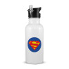 White water bottle with straw, stainless steel 600ml