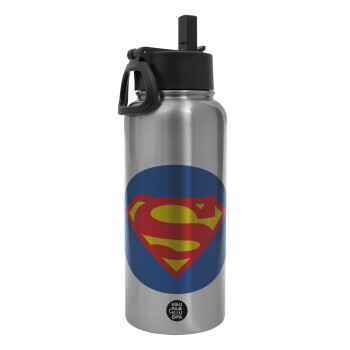 Superman, Metal mug thermo Silver with Straw and Spout Lid (Stainless steel), double wall, 950ml