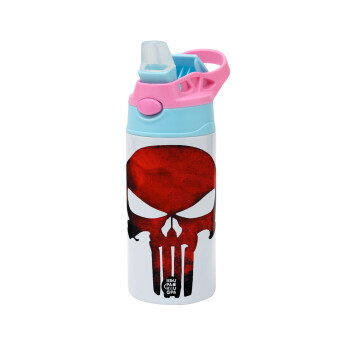 Red skull, Children's hot water bottle, stainless steel, with safety straw, Pink/BlueCiel (360ml) BPA FREE