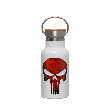 Red skull, Μεταλλικό παγούρι θερμός (Stainless steel) Λευκό με ξύλινο καπακι (bamboo), διπλού τοιχώματος, 350ml