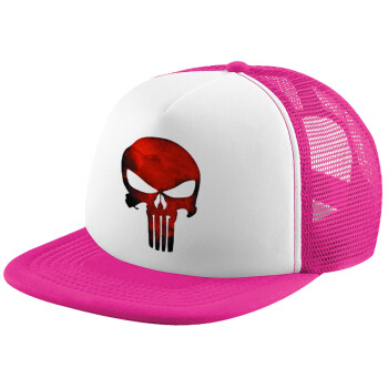 Red skull, Child's Soft Trucker Hat with Pink/White Mesh (POLYESTER, CHILD, ONE SIZE)