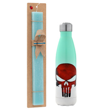 Red skull, Easter Set, Metallic green/white thermos (Stainless steel), double-walled, 500ml & scented flat Easter candle (30cm) (TURQUOISE)