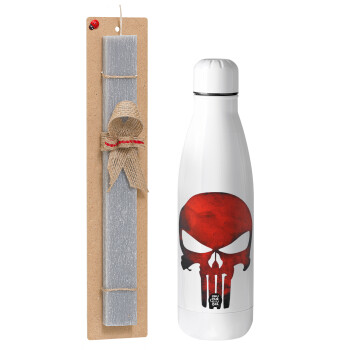 Red skull, Easter Set, metallic Inox water bottle (700ml) & Easter scented flat candle (30cm) (GRAY)