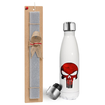 Red skull, Easter candle, metallic white thermos bottle (500ml) & aromatic flat candle (30cm) (GRAY)