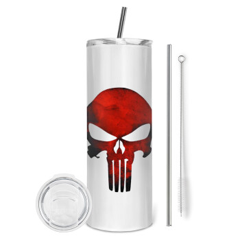 Red skull, Tumbler ποτήρι θερμό από ανοξείδωτο ατσάλι 600ml, με μεταλλικό καλαμάκι & βούρτσα καθαρισμού