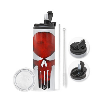 Red skull, Travel Tumbler 2 Lids, with metal straw & cleaning brush (Stainless steel 304 Food grade, BPA free, 600ml)