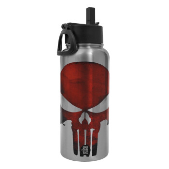 Red skull, Metal mug thermo Silver with Straw and Spout Lid (Stainless steel), double wall, 950ml