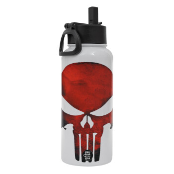 Red skull, Metal mug thermo White with Straw and Spout Lid (Stainless steel), double wall, 950ml