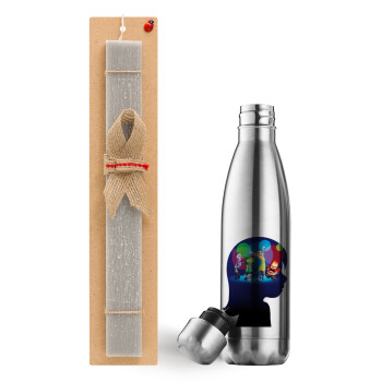 Τα Μυαλά που Κουβαλάς, Easter Set, metallic stainless thermos flask (500ml) & scented flat Easter candle (30cm) (GRAY)