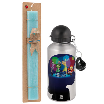 Τα Μυαλά που Κουβαλάς, Easter Set, metallic silver aluminum water bottle (500ml) & scented flat Easter candle (30cm) (TURQUOISE)