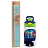 Easter Set, Children's thermal stainless steel bottle with safety straw, green/blue (350ml) & aromatic flat Easter candle (30cm) (TURQUOISE)