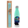 Easter Set, Metallic green/white thermos (Stainless steel), double-walled, 500ml & scented flat Easter candle (30cm) (TURQUOISE)