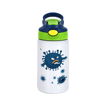 monster virus, Children's hot water bottle, stainless steel, with safety straw, green, blue (350ml)