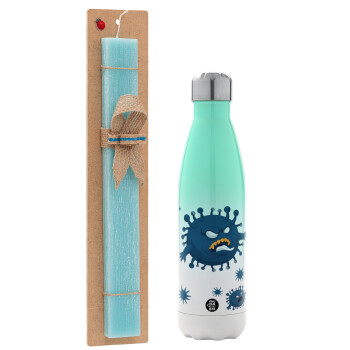 monster virus, Easter Set, Metallic green/white thermos (Stainless steel), double-walled, 500ml & scented flat Easter candle (30cm) (TURQUOISE)