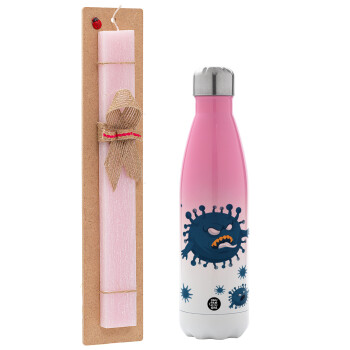 monster virus, Easter Set, Metallic pink/white (Stainless steel) thermos, double-walled, 500ml & aromatic flat Easter candle (30cm) (PINK)