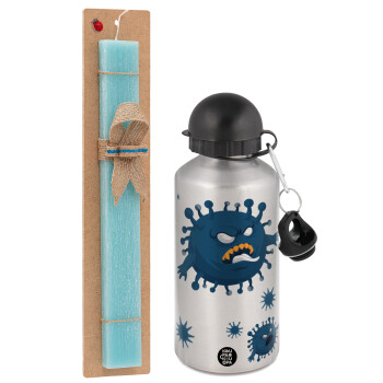 monster virus, Easter Set, metallic silver aluminum water bottle (500ml) & scented flat Easter candle (30cm) (TURQUOISE)