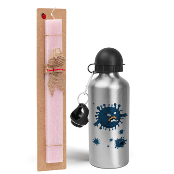 monster virus, Easter Set, metallic Silver aluminum water bottle (500ml) & scented flat Easter candle (30cm) (PINK)