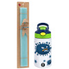 Easter Set, Children's thermal stainless steel bottle with safety straw, green/blue (350ml) & aromatic flat Easter candle (30cm) (TURQUOISE)