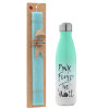 Easter Set, Metallic green/white thermos (Stainless steel), double-walled, 500ml & scented flat Easter candle (30cm) (TURQUOISE)