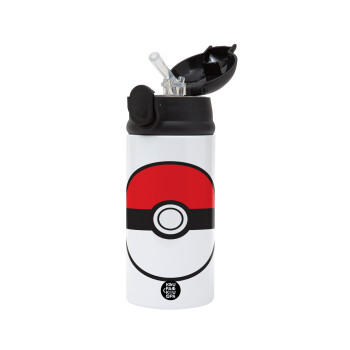 Pokemon ball, Children's hot water bottle, stainless steel, with safety straw, Black (360ml) BPA-FREE