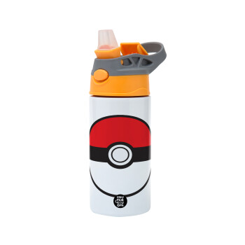 Pokemon ball, Children's hot water bottle, stainless steel, with safety straw, Orange/Grey (360ml) BPA-FREE