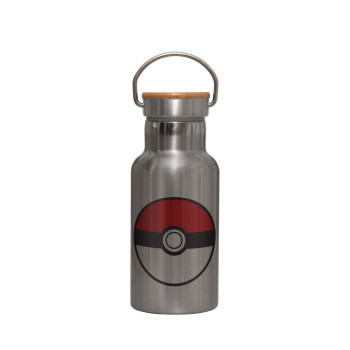 Pokemon ball, Stainless steel metallic thermos flask, silver with a bamboo lid, double-walled, 350ml.