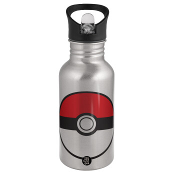Pokemon ball, Water bottle Silver with straw, stainless steel 500ml