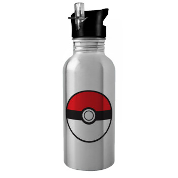 Pokemon ball, Water bottle Silver with straw, stainless steel 600ml
