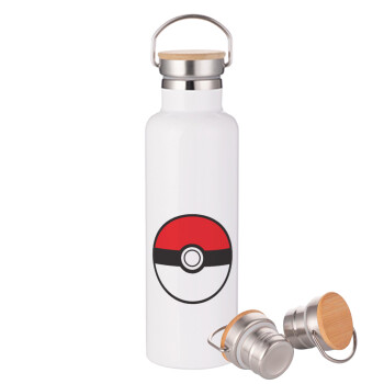 Pokemon ball, Μεταλλικό παγούρι θερμός (Stainless steel) Λευκό με ξύλινο καπακι (bamboo), διπλού τοιχώματος, 750ml